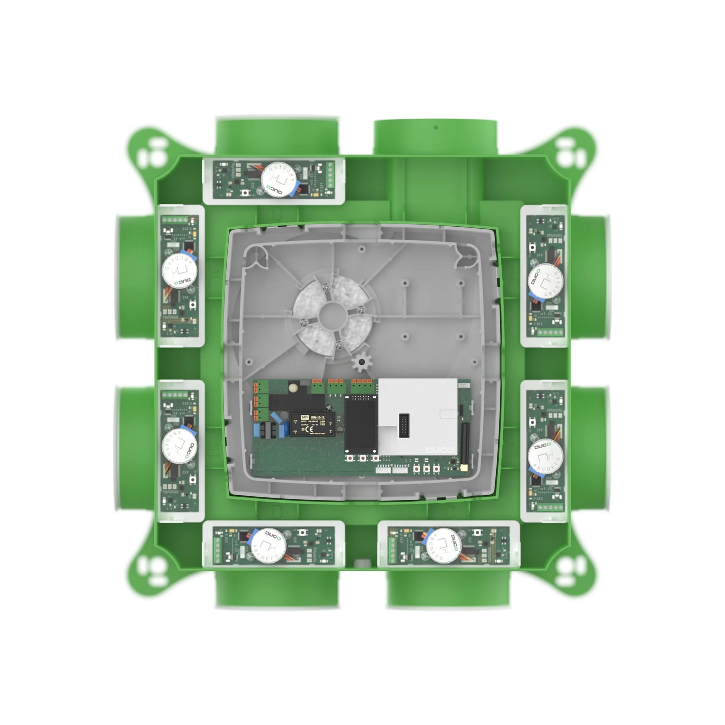 Duco Installation Kit with USB-C connector placed on a DucoBox Focus ventilation unit