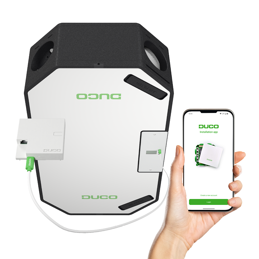 DucoBox Energy Sky ventilation unit with the Duco Installation Kit and smartphone with the Duco Installation App